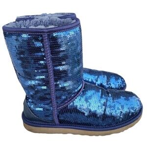 UGG Australia Womens 7 Short Blue Sequin Sparkle Showgirl Sheepskin Boots Warm